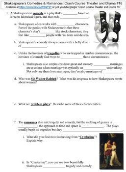 Preview of Crash Course Theater and Drama #16 (Shakespeare's Comedies & Romances) worksheet