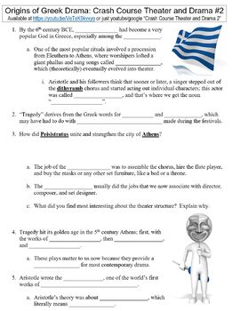 Preview of Crash Course Theater and Drama #2 (The Origins of Greek Drama) worksheet