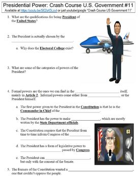 Preview of Crash Course U.S. Government #11 (Presidential Power) worksheet