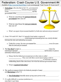 Preview of Crash Course U.S. Government #4 (Federalism) worksheet