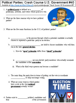 Preview of Crash Course U.S. Government #40 (Political Parties) worksheet