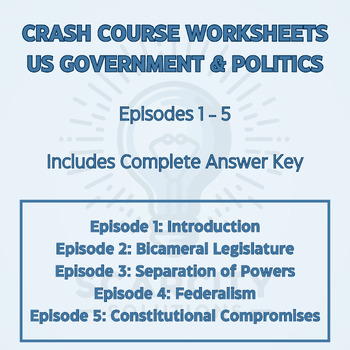 Preview of Crash Course Government Worksheets, #1-5 (Intro, Constitution, Federalism)
