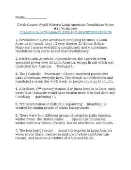 Preview of Crash Course World History: Latin American Revolutions Video  #31 Worksheet