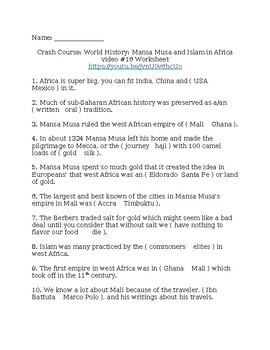 Preview of Crash Course: World History: Mansa Musa and Islam in Africa Video #16 Worksheet