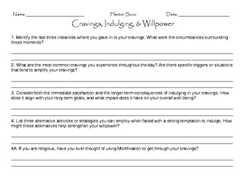 Preview of Cravings, Indulging, & Willpower Worksheet For Health & Wellness