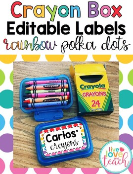 Preview of Crayon Box Editable Lid Labels - Rainbow Polka Dots UPDATED