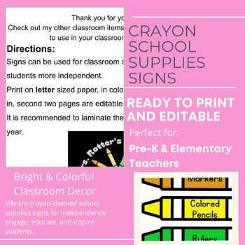 Preview of Crayon Themed Classroom Supplies Labels - editable & ready to print
