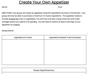 Preview of Create Your Own Appetizer Worksheet - FACS, FCS, Culinary, Cooking, High School