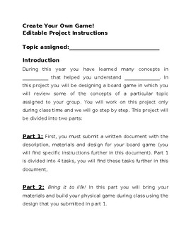 Preview of Create Your Own Board Game Project! contains specific instructions, rubrics