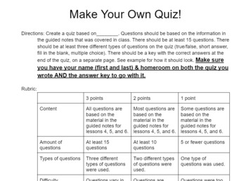 Preview of Create Your Own Quiz Rubric
