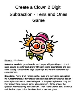 Preview of Create a Clown 2 Digit Subtraction Minus TENS and ONES Game