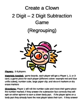 Preview of Create a Clown 2 Digit Subtraction With Regrouping Game