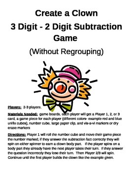 Preview of Create a Clown 3 Digit - 2 Digit Subtraction Without Regrouping Game