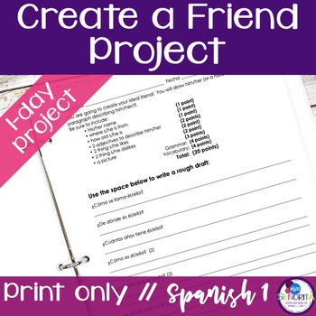 Preview of FREE Spanish Create a Friend Project - intro vocab, age, adjectives, gustar