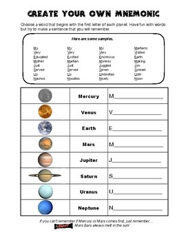 Preview of Create a Mnemonic for the Planets