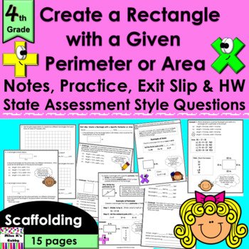 Preview of Create a rectangle with a given perimeter or area: notes, CCLS practice, HW, etc