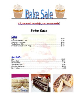 Preview of Lesson Plan - Bake Sale Microsoft Word with Text, Graphics, & Fonts