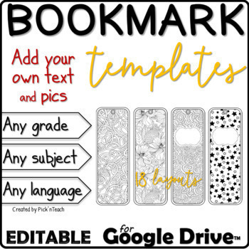 Preview of Create your own double-sided BOOKMARKS - 18 x 2 EDITABLE coloring bookmarks