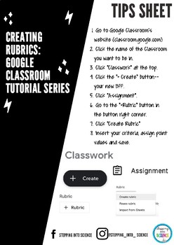 Preview of Creating Rubrics || Google Classroom Tutorial Series Tips Sheet-BW
