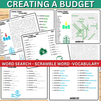 Preview of Creating a Budget: Saving Money Worksheet Activity, Word Search-Scramble