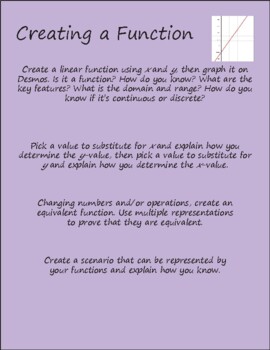 Preview of Creating a Function - Domain, Range, Key Features, Evaluating, Equivalent Func