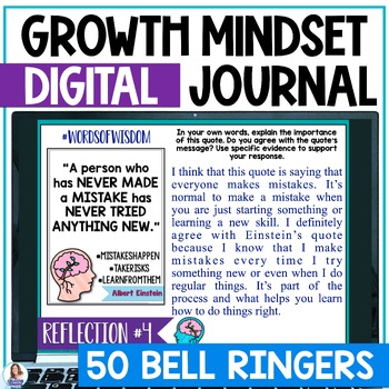 Preview of Growth Mindset Journal BellRingers - 50 DIGITAL Prompts - Self-Reflections