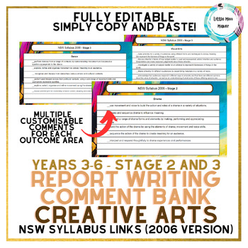 Preview of Creative Arts Report Writing Comment Bank NSW Syllabus Stage 2 & 3 Year 3-6 CAPA