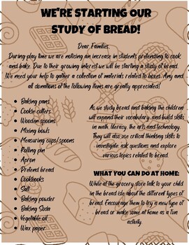 Preview of Creative Curriculum Parent Letter - Bread Study