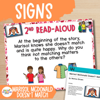 Preview of Creative Curriculum Signs | Marisol McDonald Doesn’t Match Book Discussion Cards