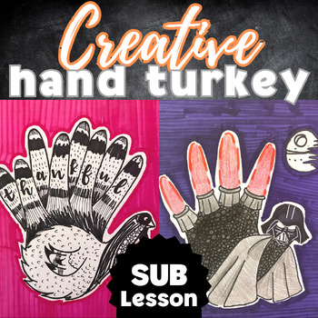 Preview of Creative Hand Turkey Sub Art Activity, Middle/High School, Thanksgiving