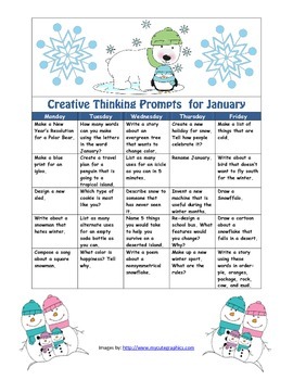 Preview of January Creative Thinking Prompts Calendar