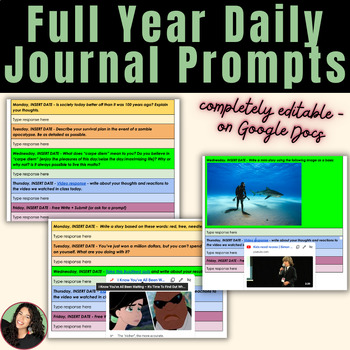 Preview of Daily Journal Writing Prompts | Editable Digital Resource
