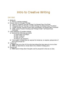 Preview of Creative Writing - Day One: Intro to Creative Writing Lesson Plan