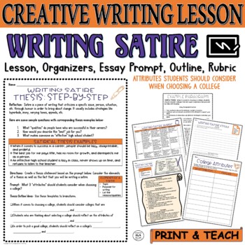 Preview of Creative Writing Project Writing Satire Pack Organizers Thesis Template Rubric