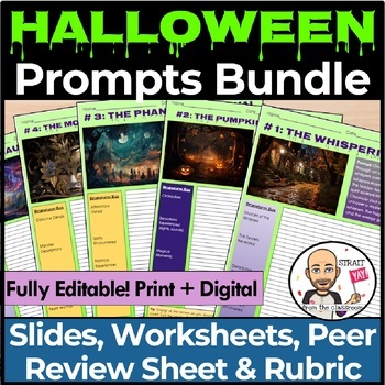 Preview of Creative Writing Prompts Bundle - HALLOWEEN | Slides, Worksheets, Rubric & More