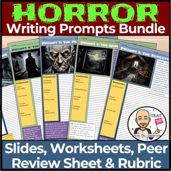 Preview of Creative Writing Prompts Bundle - HORROR | Slides, Worksheets, Rubric & More