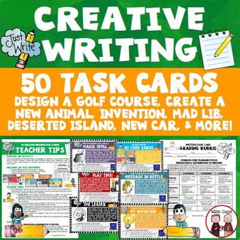 Preview of Creative Writing Activities 50 Task Cards Teacher Tips and Rubric