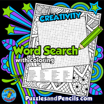 Preview of Creativity Word Search Puzzle Activity Page with Mindfulness Coloring