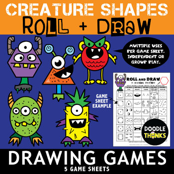 Preview of Creature SHAPES Roll and Draw Game Sheets | NO PREP Drawing Activities