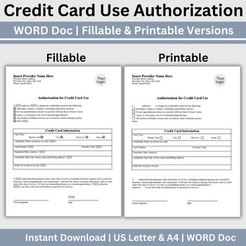 Preview of Credit Card Template, Editable & Fillable WORD Doc, Therapist Office Forms