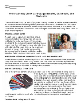 Preview of Credit Card Worksheet Activity