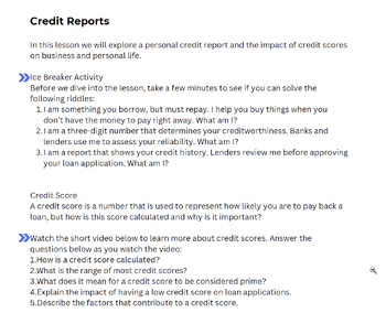 Preview of Credit Reports Lesson