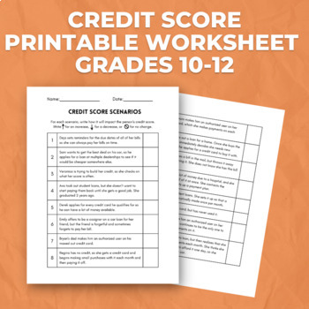 Preview of Credit Score Personal Finance Worksheet Grades 10-12 Financial Literacy