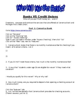 Preview of Credit Union Vs Bank Webquest