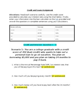 Preview of Credit and Loans Assignment for Personal Financial Literacy