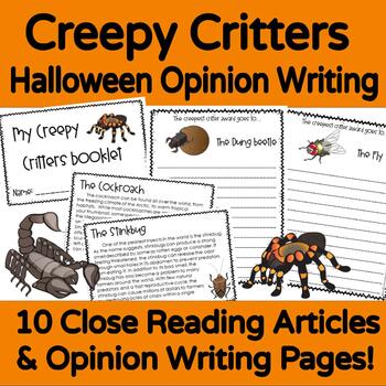 Preview of Creepy Critters Close Reading and Opinion Writing Activity