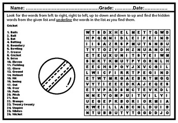 Preview of Cricket Terms Word Search Worksheet, Physical Education, Sports Sub Plan