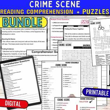 Preview of Crime Scene Reading Comprehension Passage,PUZZLE,Quiz,Digital BUNDLE