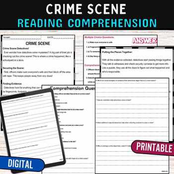 Preview of Crime Scene Reading Comprehension Passage Quiz,Digital and Printable