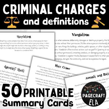 Preview of Criminal Charges Task Cards | Legal Term Summaries | For Law or Social Study